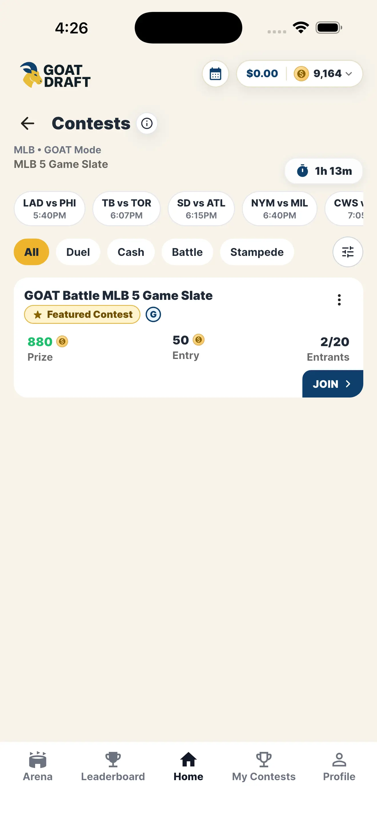 Choosing a contest in the Goat Draft app